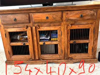 Solid Wood Sideboard Cabinet with Drawers and Slatted Doors