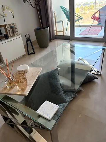 Glass Top Coffee Table with Mirrored Geometric Base