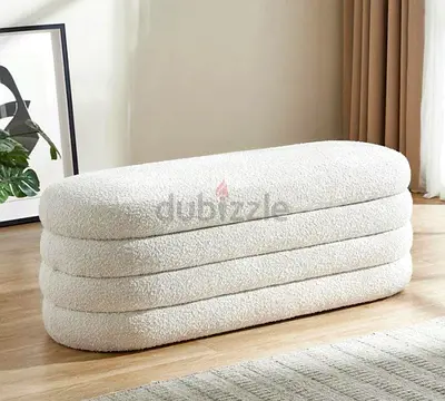 Off-white Bouclé Upholstered Bench / Ottoman - Modern Rounded Design
