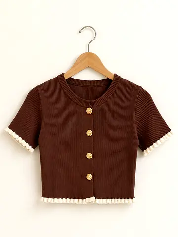 Brown Ribbed Short-Sleeve Crop Top with Gold Buttons