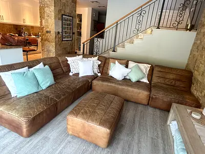 MARINA Large Brown Leather Modular Sofa with Ottoman - Good Condition