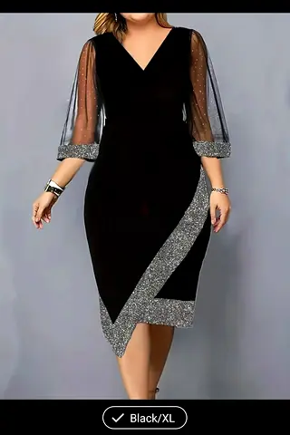 Black V-neck Dress with Sheer Sleeves and Silver Trim (XL)