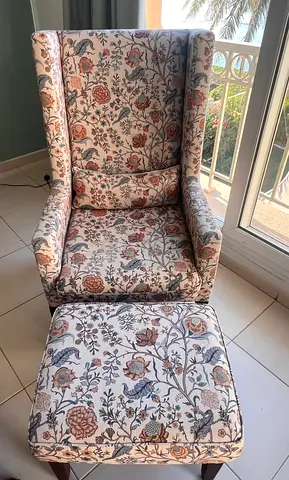 Wingback Armchair with Matching Ottoman - Floral Upholstery
