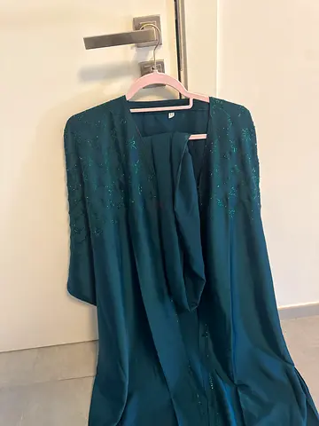 Emerald green long womens abaya with subtle bead detailing and matching scarf- worn once