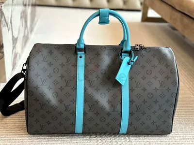 Louis Vuitton Keepall Duffel Bag - Grey Monogram with Turquoise Trim
