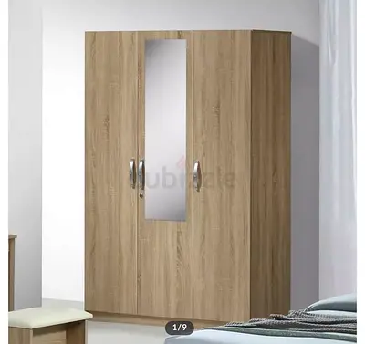 3-Door Wooden Wardrobe with Mirror - Light Oak Finish