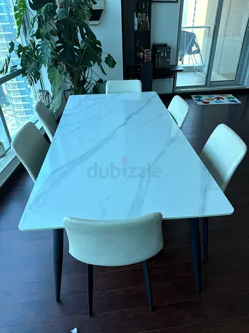 Modern white marble-effect dining table with 6 chairs
