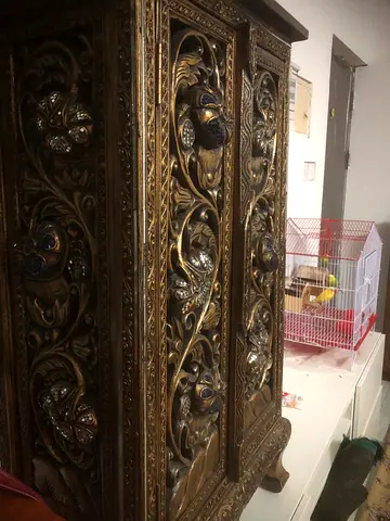 Ornate Hand Carved Wooden Cabinet Mirror Engraved Golden