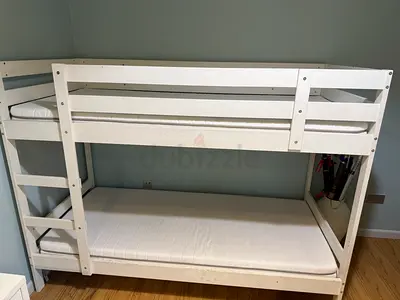 White Wooden Bunk Bed with Mattresses – Good Condition