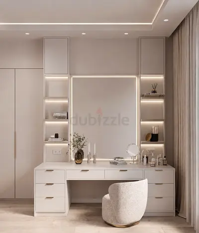 Modern White Vanity Dressing Table with Mirror and Shelves