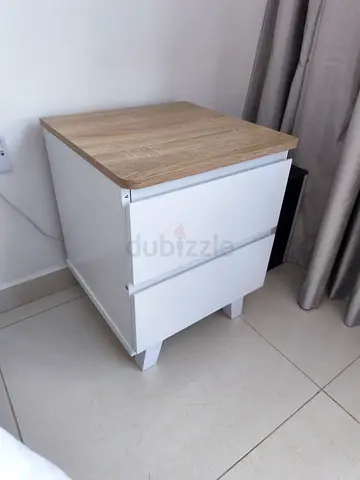 White 2-Drawer Bedside Table with Oak Top - Good Condition
