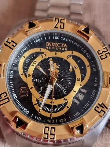 Invicta Reserve mens stainless steel chronograph watch, gold-tone bezel