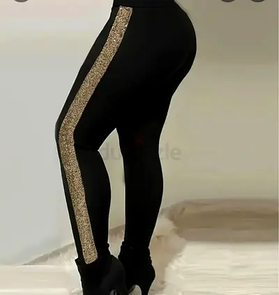 Black Womens Stretch Leggings with Gold Sequin Side Stripe