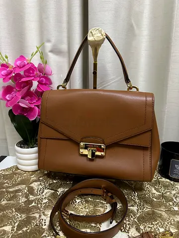 Preloved Original MK Brown Leather Top-Handle Handbag with Detachable Strap