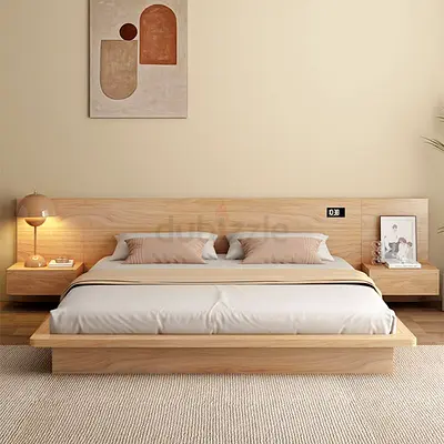 Minimalist Wooden Platform Bed with Integrated Headboard and Side Tables with mattress