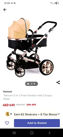 Teknum 3-in-1 Pram Stroller with Canopy - Khaki (Bassinet)