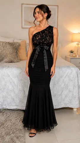 Elegant one-shoulder black evening/gown dress with lace bodice and satin waist bow ( LE CHATEAU )