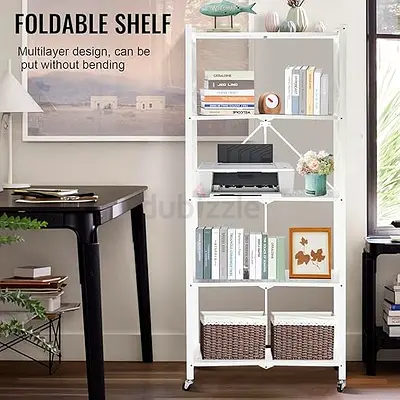 White 5-Tier Foldable Storage Shelf with Wheels