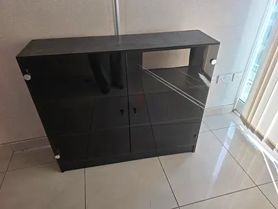 Black Gloss Display Cabinet with Glass Doors - Good Condition