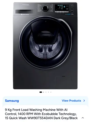 Samsung 9kg Front Load Washing Machine, 1400 RPM, AI Control - Dark Grey