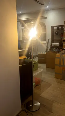Tall metal floor lamp with exposed bulb - brushed finish