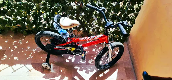 Childs red 16-inch bike with training wheels — good condition