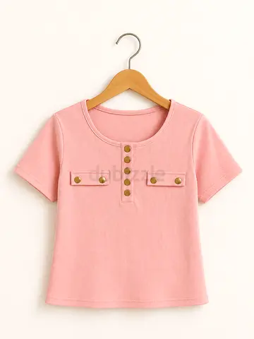 Light Pink Short Sleeve Top with Decorative Buttons - Size Unknown
