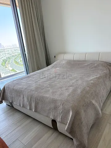 Queen bed frame with mattress - light beige upholstered