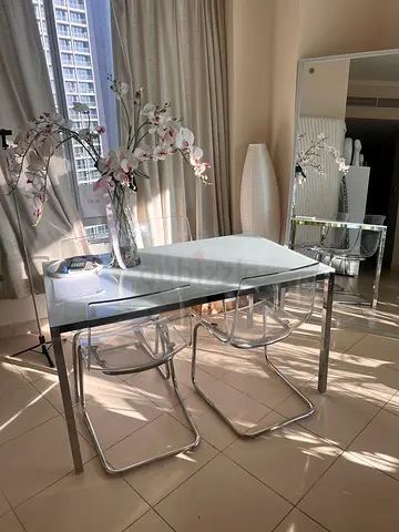 Glass Dining Table with 4 Modern Chrome Chairs - Good Condition