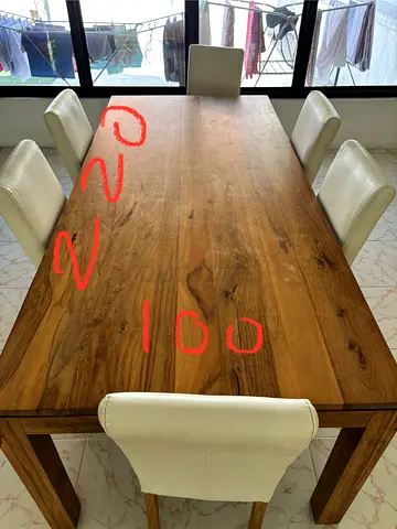 Solid Wood Dining Table with 6 Cream Chairs - 220 x 100 cm