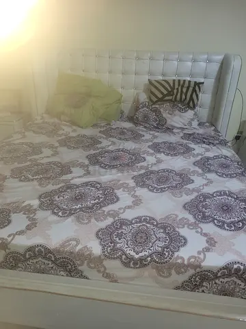 Super king Home center bed with upholstered headboard and mattress (used) with 2 side table
