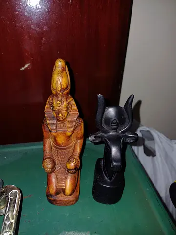 Hand-carved Wooden Egyptian Pharaoh Statue with Black Anubis Figure