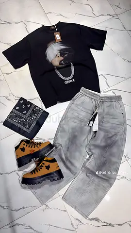 Casual streetwear set — graphic tee, grey cargo joggers  rugged boots (size tag visible)