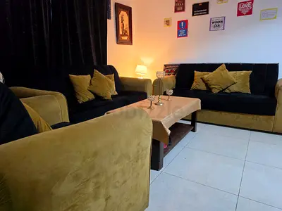 Comfortable 2 Tone Black and Mustard Sofa Set with Tables