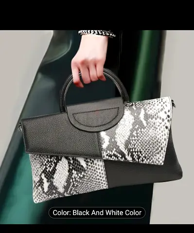 Black  White Snake Print Structured Handbag with Top Handle