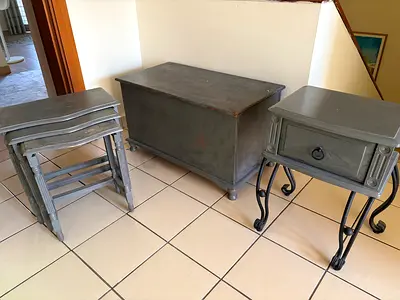 Set of 3 Grey Nesting Tables, Storage Chest and Side Table