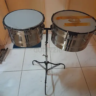 Pair of Stainless Steel Timbale Drums with Stand - Good Working Condition