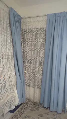 Light blue blackout curtains with white lace sheers - good condition