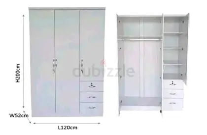 White 3-Door Wardrobe with Drawers - 120x52x200 cm