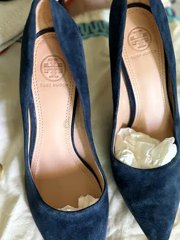 Tory Burch navy suede pointed-toe heels, size unstated, gently used