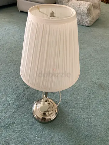Two White Pleated Table Lamps with Chrome Base
