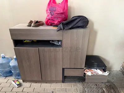 Compact wooden shoe cabinet with storage bench — good condition