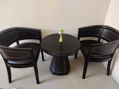 Set of 2 Curved Wooden Chairs with Round Side Table - Dark Brown