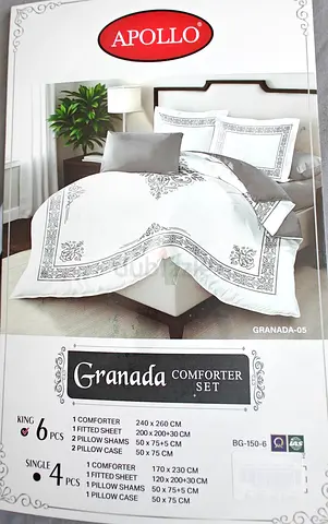 Apollo Granada Comforter Set - King Size, 6-Piece, White  Grey with 4 pillows