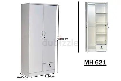 White Metal Wardrobe Cabinet 2-Door with Drawer - 185cm High (MH 621)