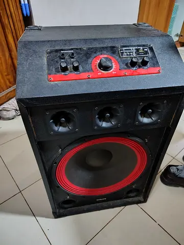 Large Floor Speaker with Built-in Amplifier and Controls (Red Cone)