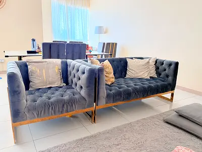 Modern Tufted Velvet Sofa and Armchair with Gold Base Set of 3
