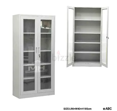 White Metal Storage Cabinet with Glass Doors - 5 Shelves, Lockable