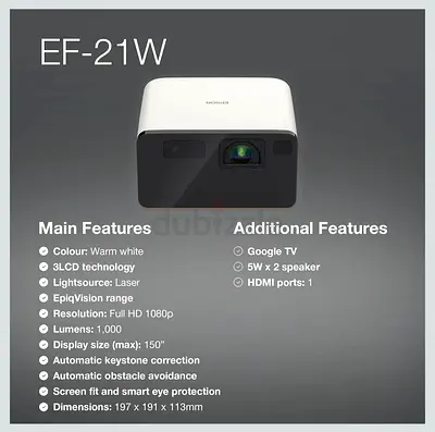 Epson EF-21 Mini Smart Laser Projector, Full HD, 1000 Lumens, 150 Inch Display with HDR, Google TV.