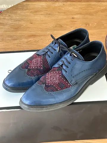 Blue leather mens brogue shoes with woven fabric detail, size available
